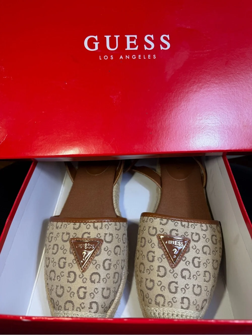 GUESS Tan Logo Espadrille Sandals with Ankle Strap Sz 10M box